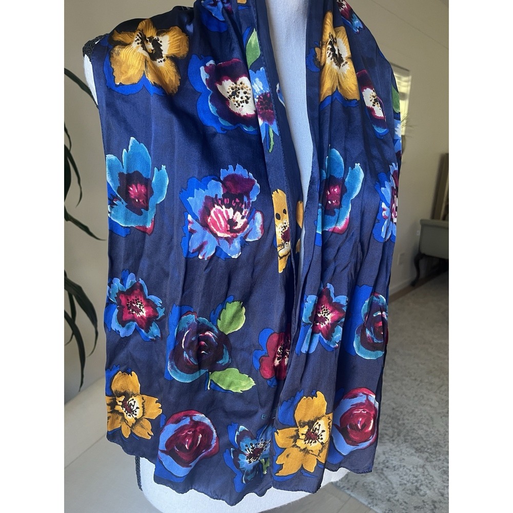 Vintage ECHO Silk Scarf Navy Blue Watercolor Floral Painterly Oblong Rectangle